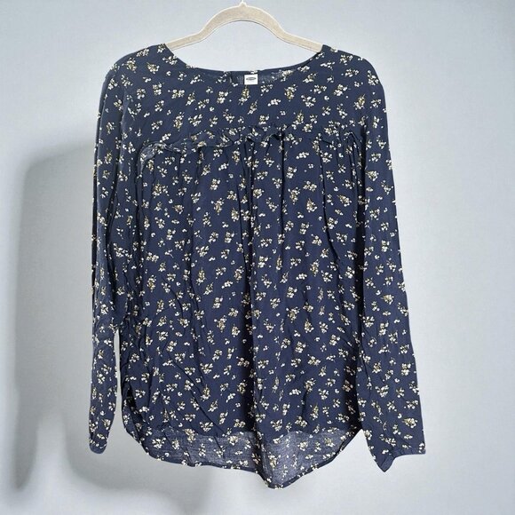 Old Navy Navy Yellow Ditsy Floral Peasant Blouse Large Boho Cottagecore - Picture 1 of 14